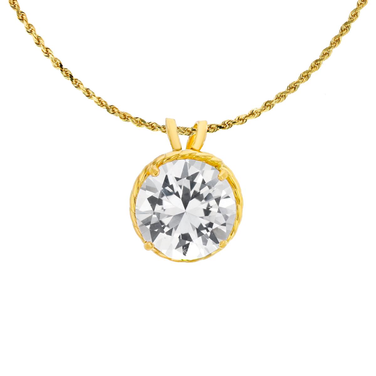 14K Yellow Gold 7mm Rd Cut Created White Sapphire Rope Frame Rabbit Ear 18" Rope Chain Necklace