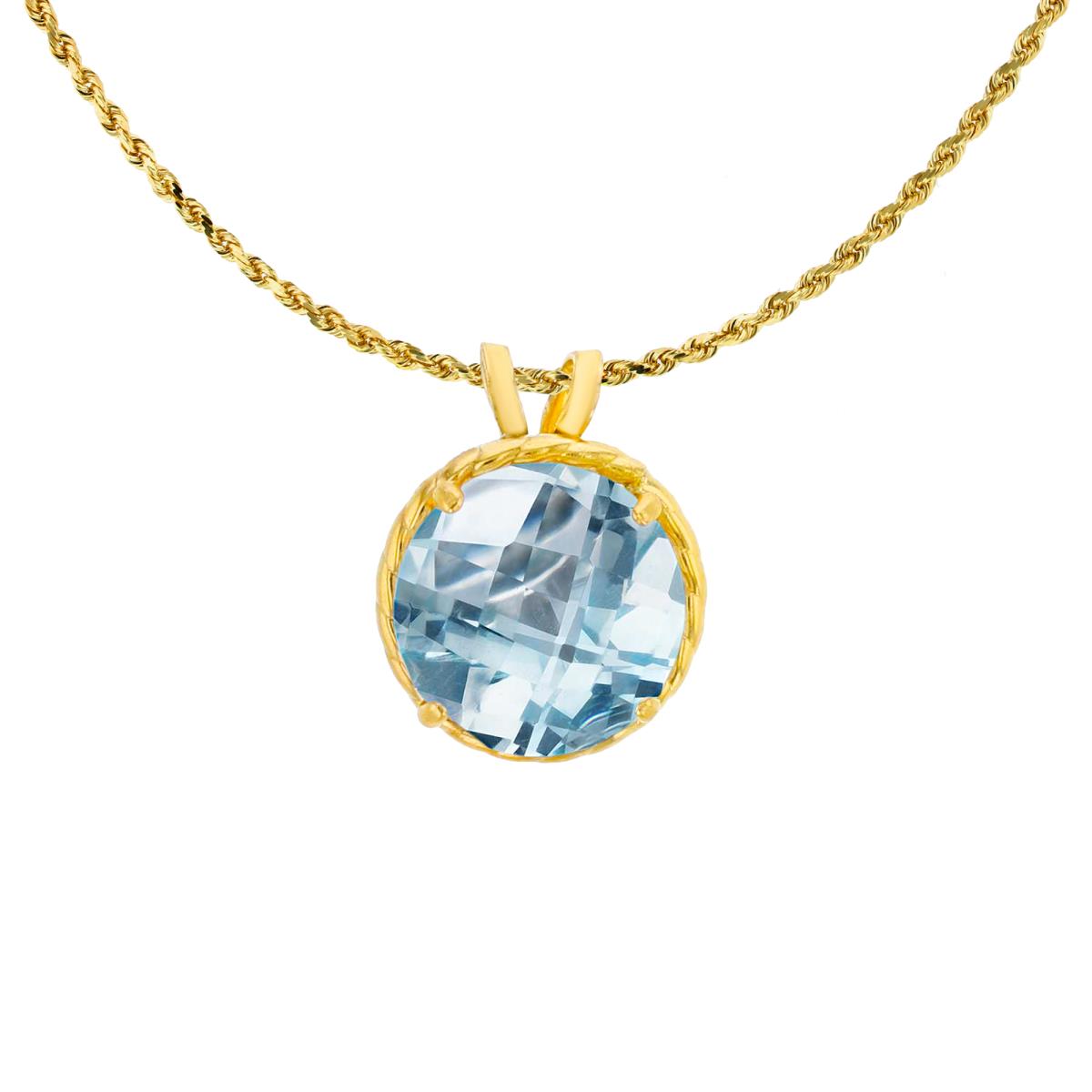10K Yellow Gold 7mm Rd Cut Aquamarine Rope Frame Rabbit Ear 18" Rope Chain Necklace