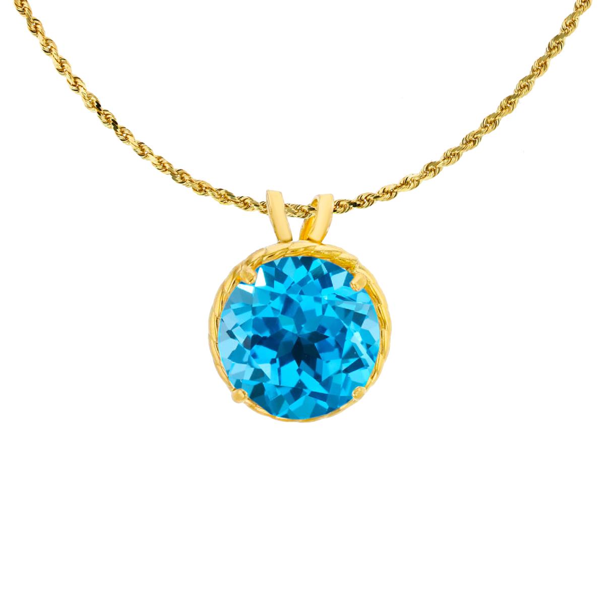 10K Yellow Gold 7mm Rd Cut Swiss Blue Topaz Rope Frame Rabbit Ear 18" Rope Chain Necklace