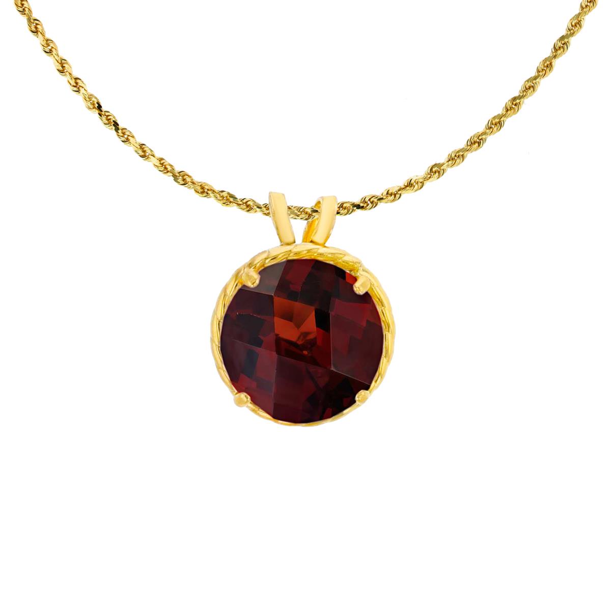 10K Yellow Gold 7mm Rd Cut Garnet Rope Frame Rabbit Ear 18" Rope Chain Necklace