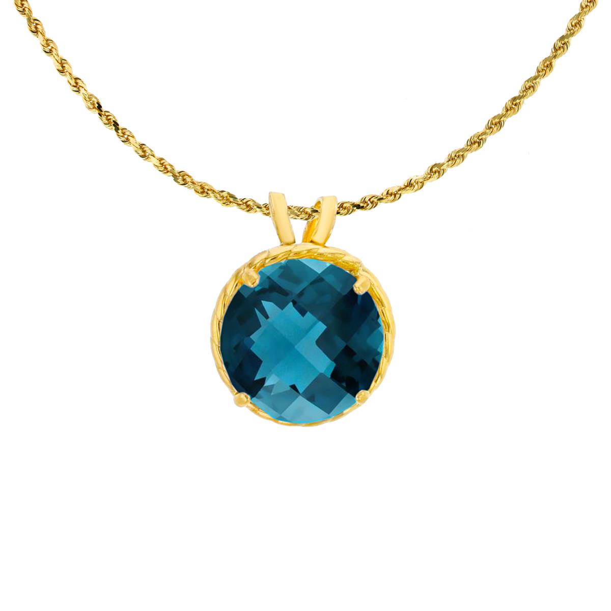10K Yellow Gold 7mm Rd Cut London Blue Topaz Rope Frame Rabbit Ear 18" Rope Chain Necklace