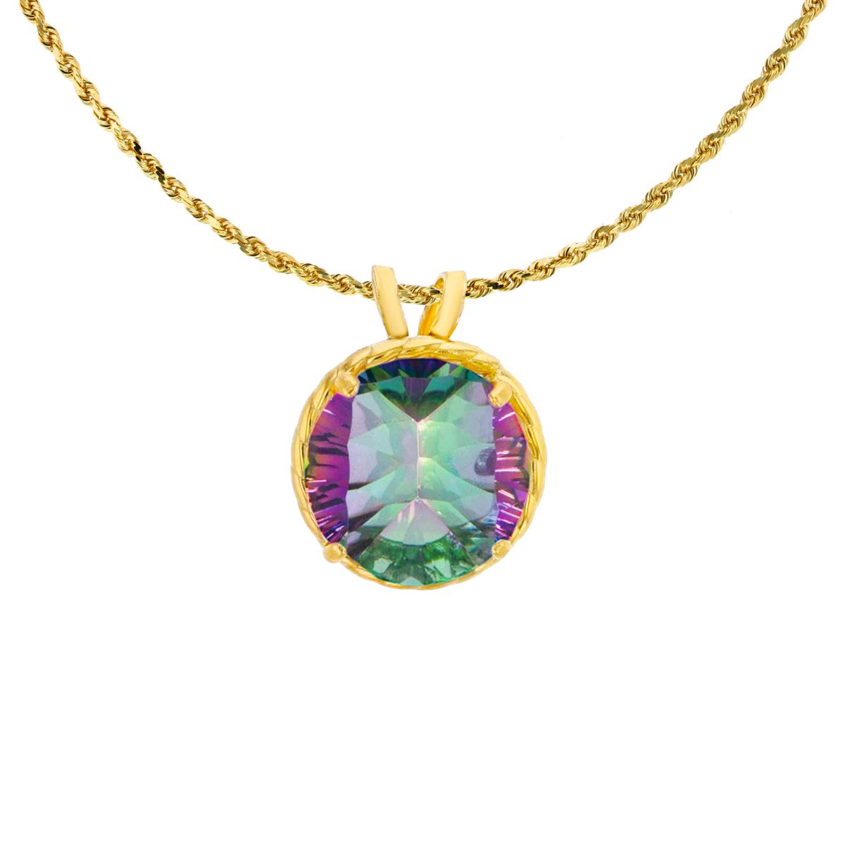 10K Yellow Gold 7mm Rd Cut Mystic Green Topaz Rope Frame Rabbit Ear 18" Rope Chain Necklace