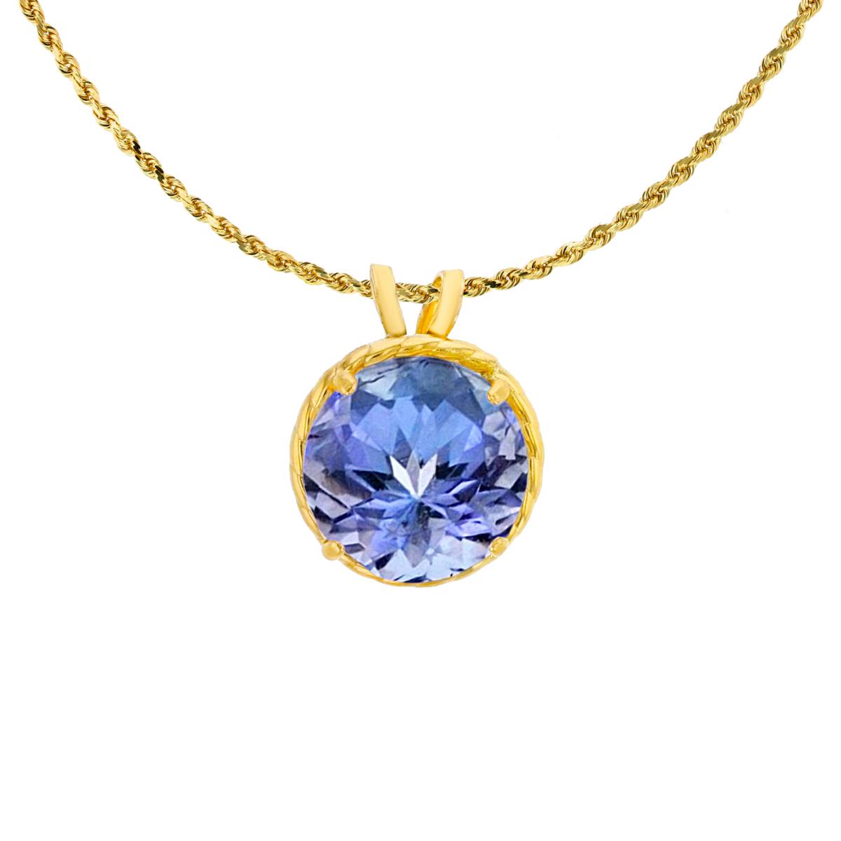 10K Yellow Gold 7mm Rd Cut Tanzanite Rope Frame Rabbit Ear 18" Rope Chain Necklace