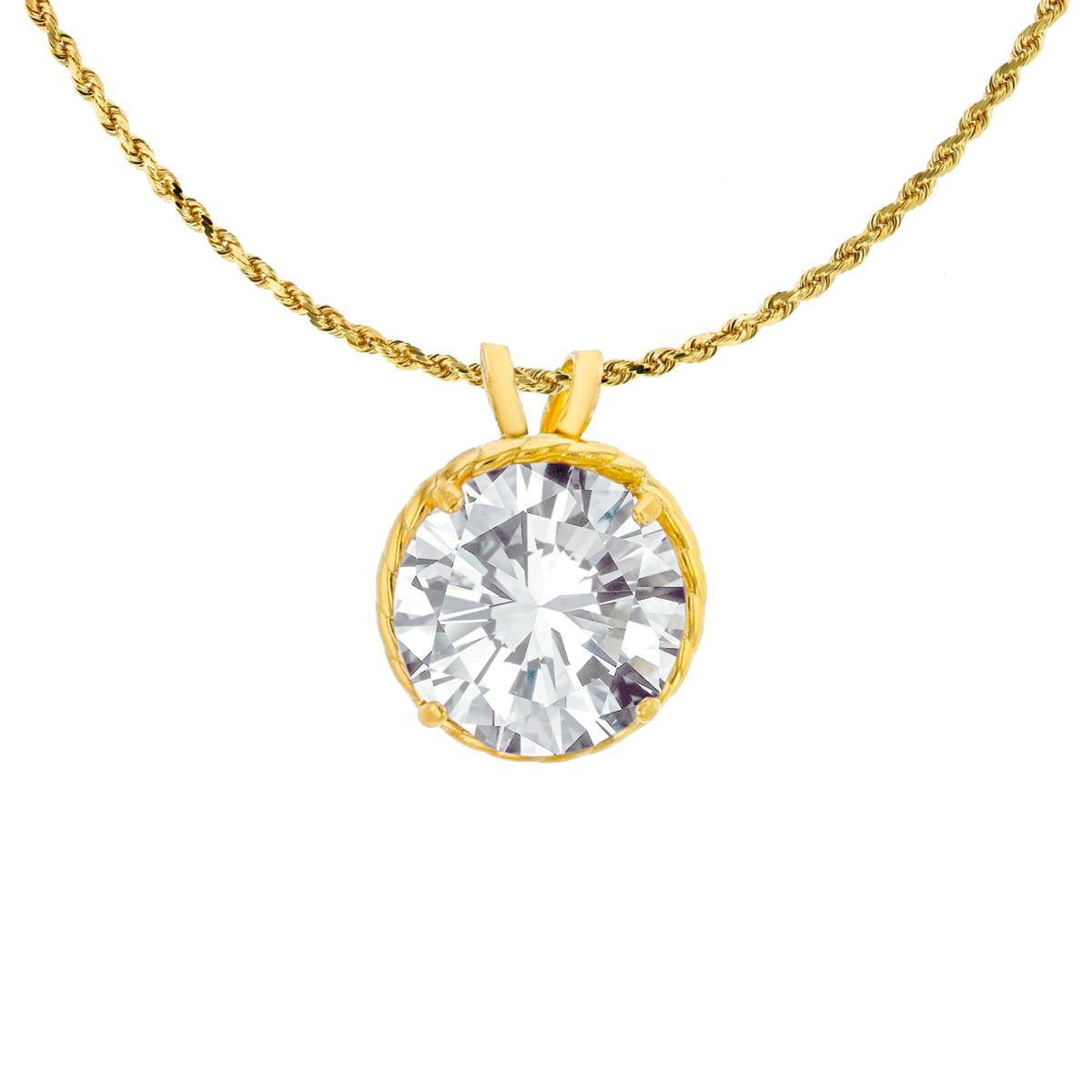 10K Yellow Gold 7mm Rd Cut White Topaz Rope Frame Rabbit Ear 18" Rope Chain Necklace