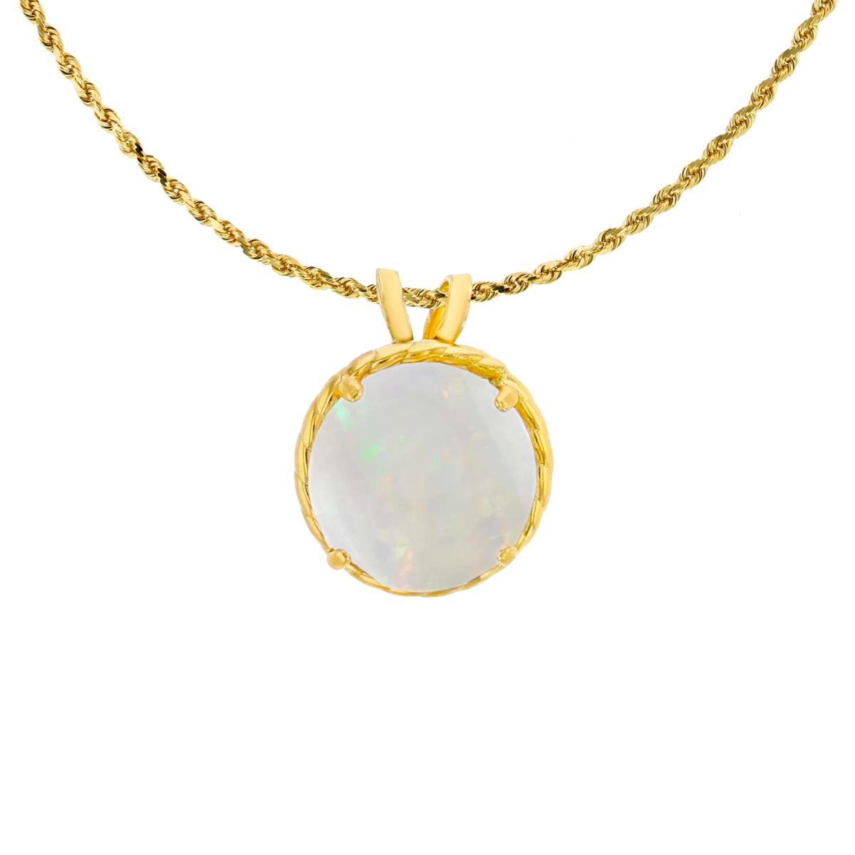 10K Yellow Gold 7mm Rd Cut Opal Rope Frame Rabbit Ear 18" Rope Chain Necklace