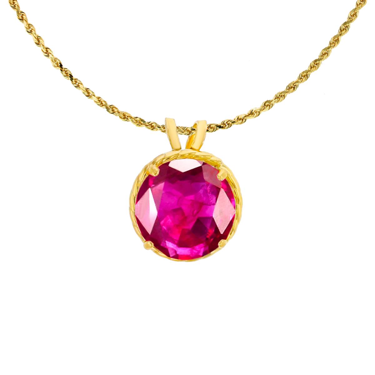 10K Yellow Gold 7mm Rd Cut Glass Filled Ruby Rope Frame Rabbit Ear 18" Rope Chain Necklace