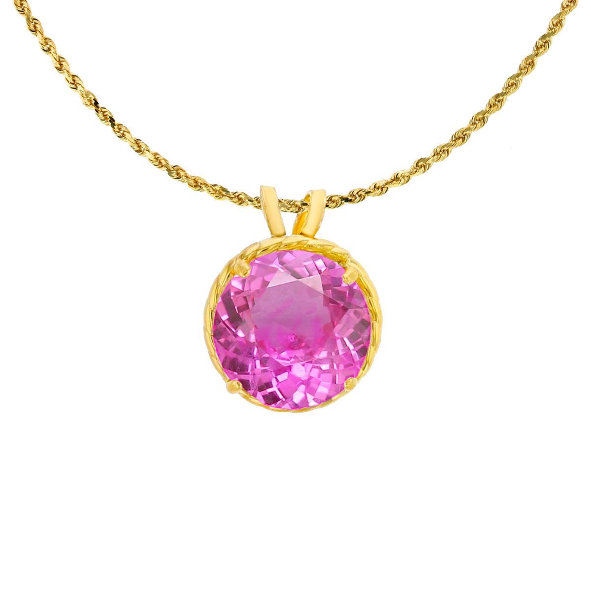 10K Yellow Gold 7mm Rd Cut Created Pink Sapphire Rope Frame Rabbit Ear 18" Rope Chain Necklace