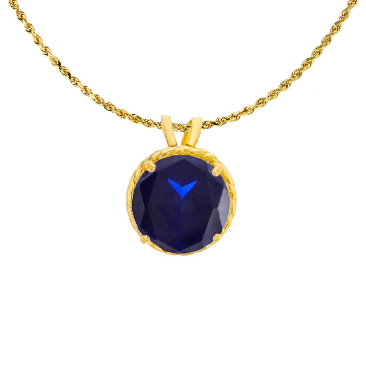 10K Yellow Gold 7mm Rd Cut Created Blue Sapphire Rope Frame Rabbit Ear 18" Rope Chain Necklace