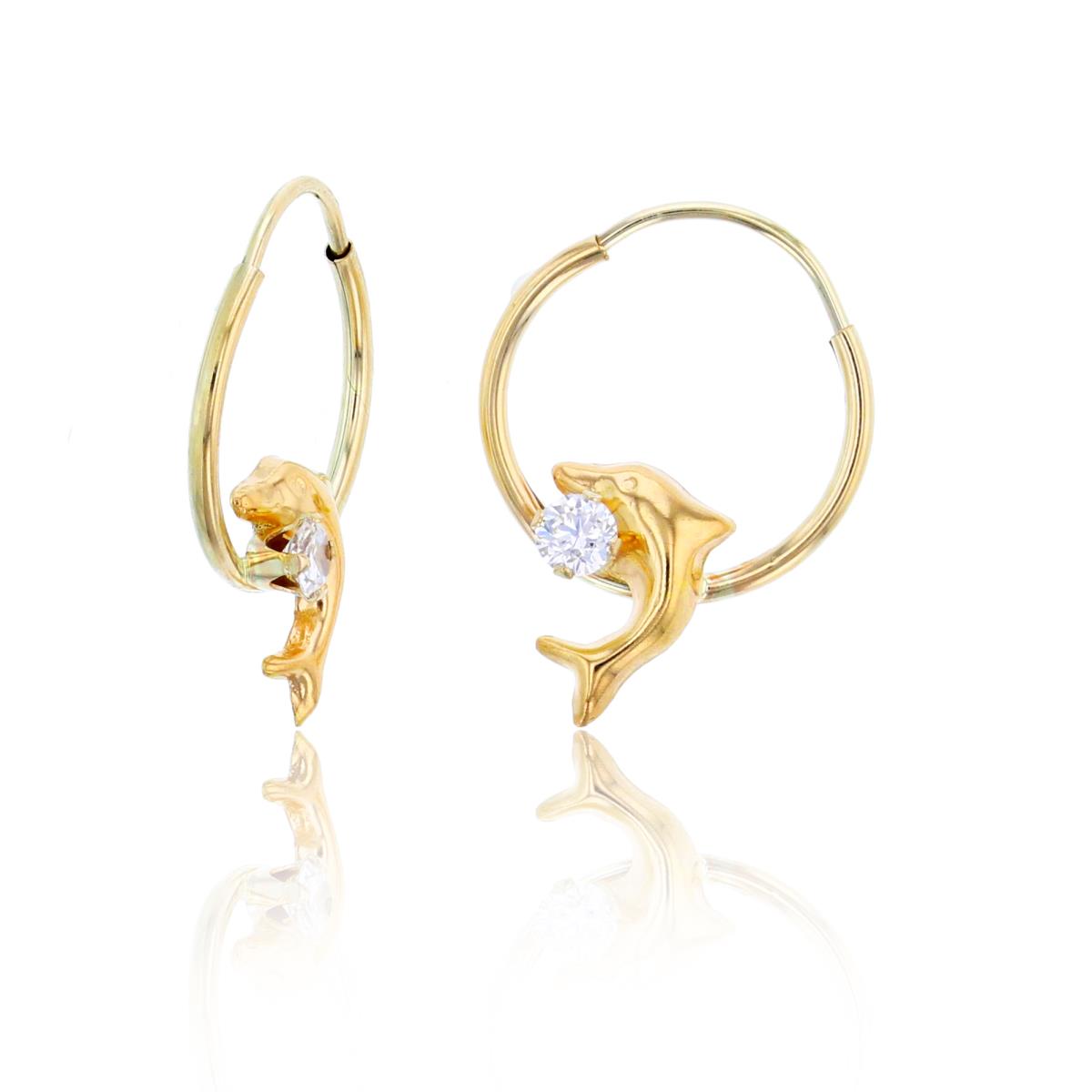 10K Yellow Gold 12mm Endless Hoop with Dolphin & 2.5mm Rd White Topaz Earring