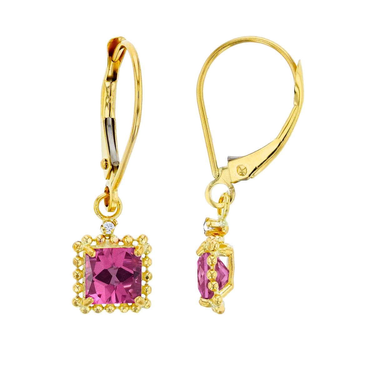 14K Yellow Gold 1.25mm Rd White Topaz & 5mm Sq Pure Pink Bead Frame Drop Lever-Back Earring