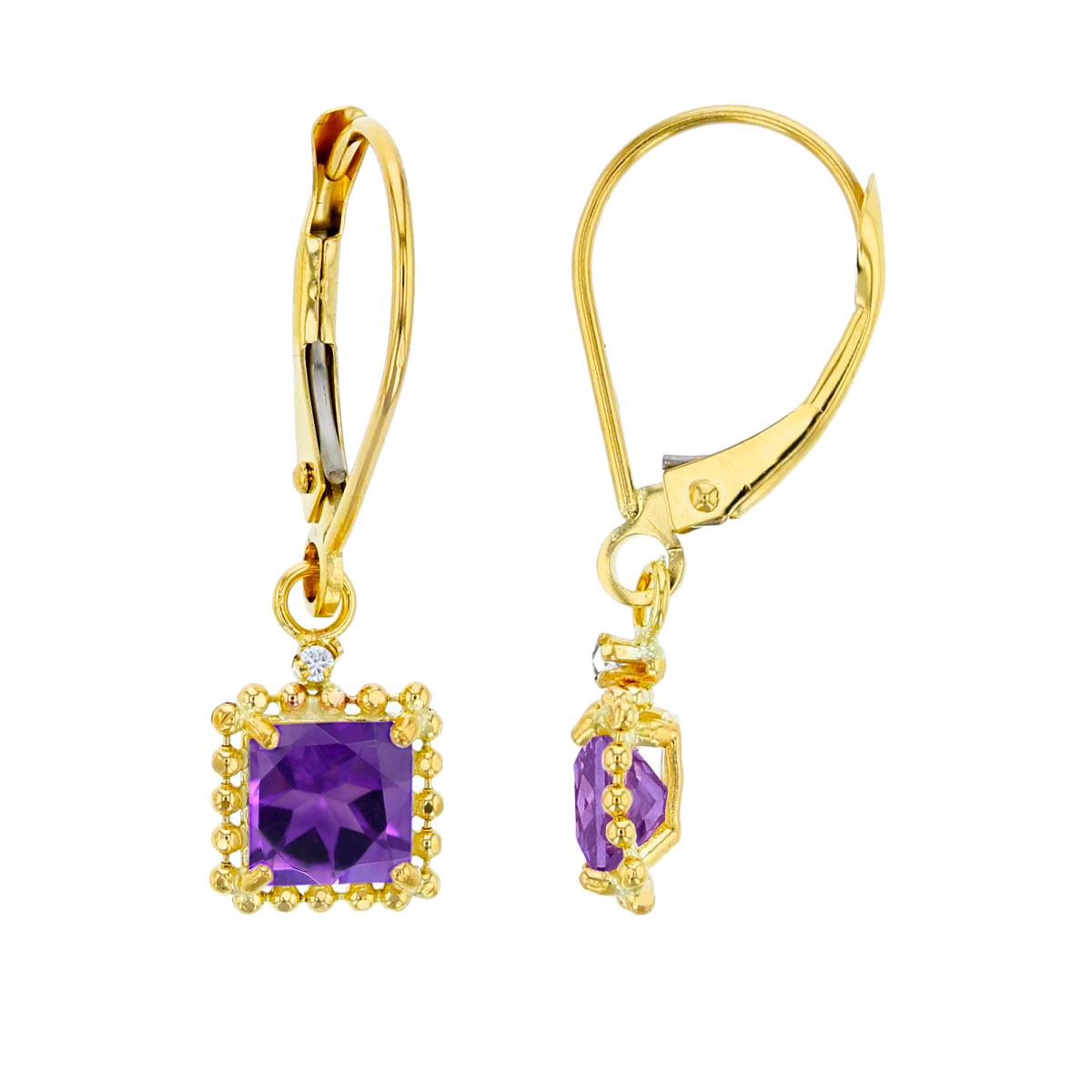 14K Yellow Gold 1.25mm Rd Created White Sapphire & 5mm Sq Amethyst Bead Frame Drop Lever-Back Earring