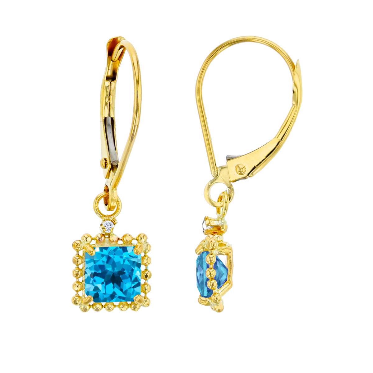 14K Yellow Gold 1.25mm Rd Created White Sapphire & 5mm Sq Swiss Blue Topaz Bead Frame Drop Lever-Back Earring