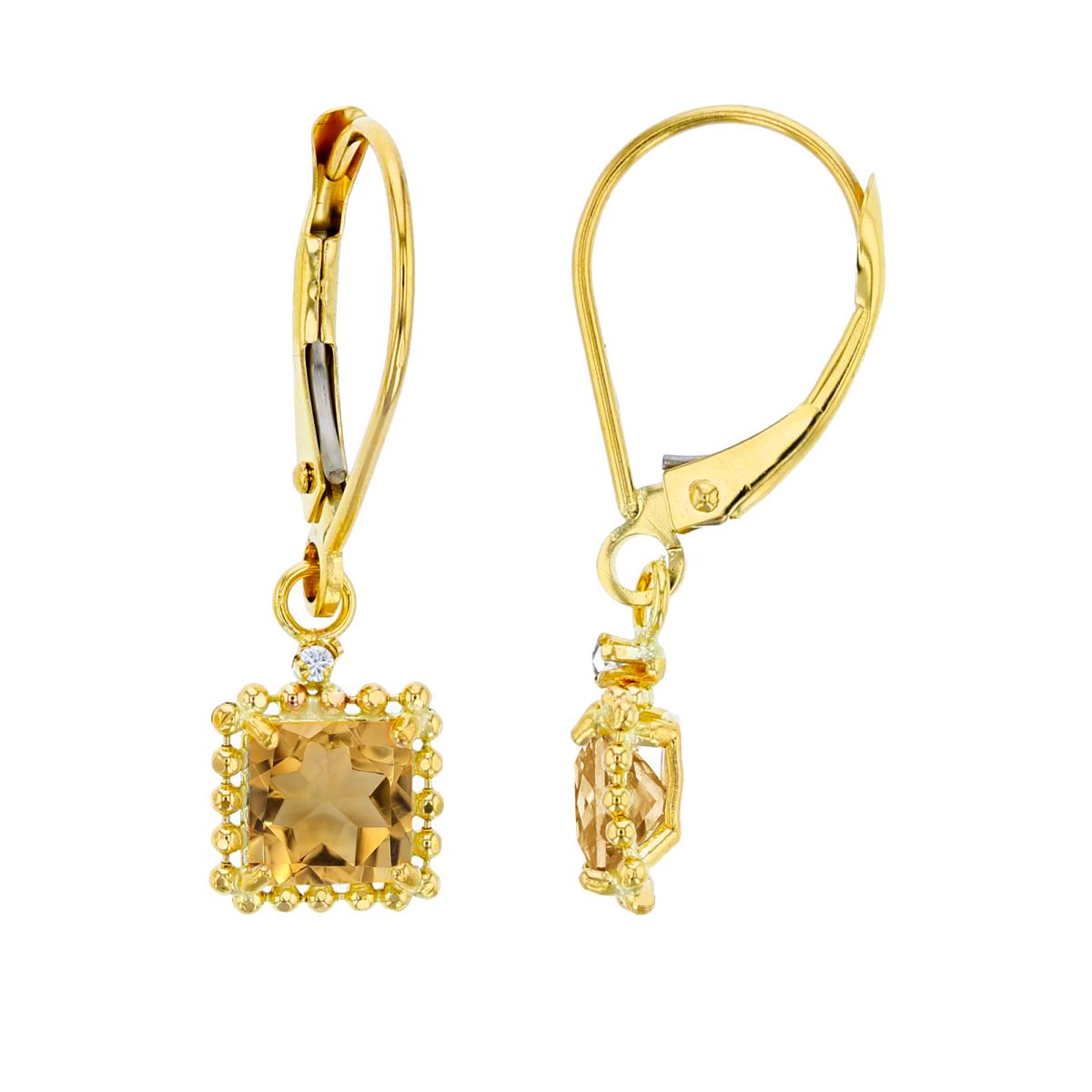 14K Yellow Gold 1.25mm Rd Created White Sapphire & 5mm Sq Citrine Bead Frame Drop Lever-Back Earring