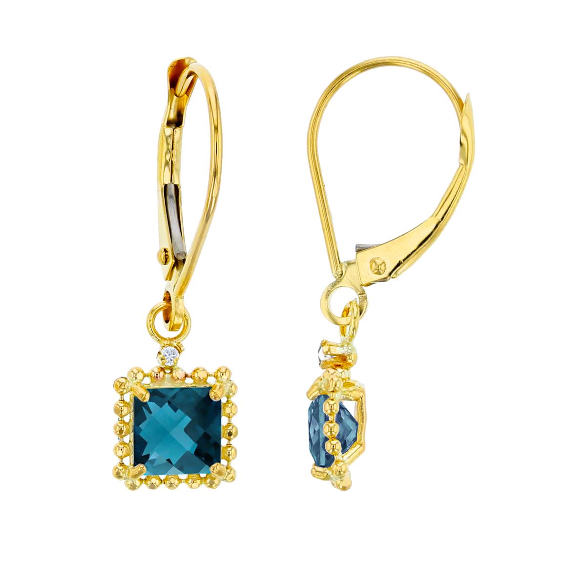 14K Yellow Gold 1.25mm Rd Created White Sapphire & 5mm Sq London Blue Topaz Bead Frame Drop Lever-Back Earring