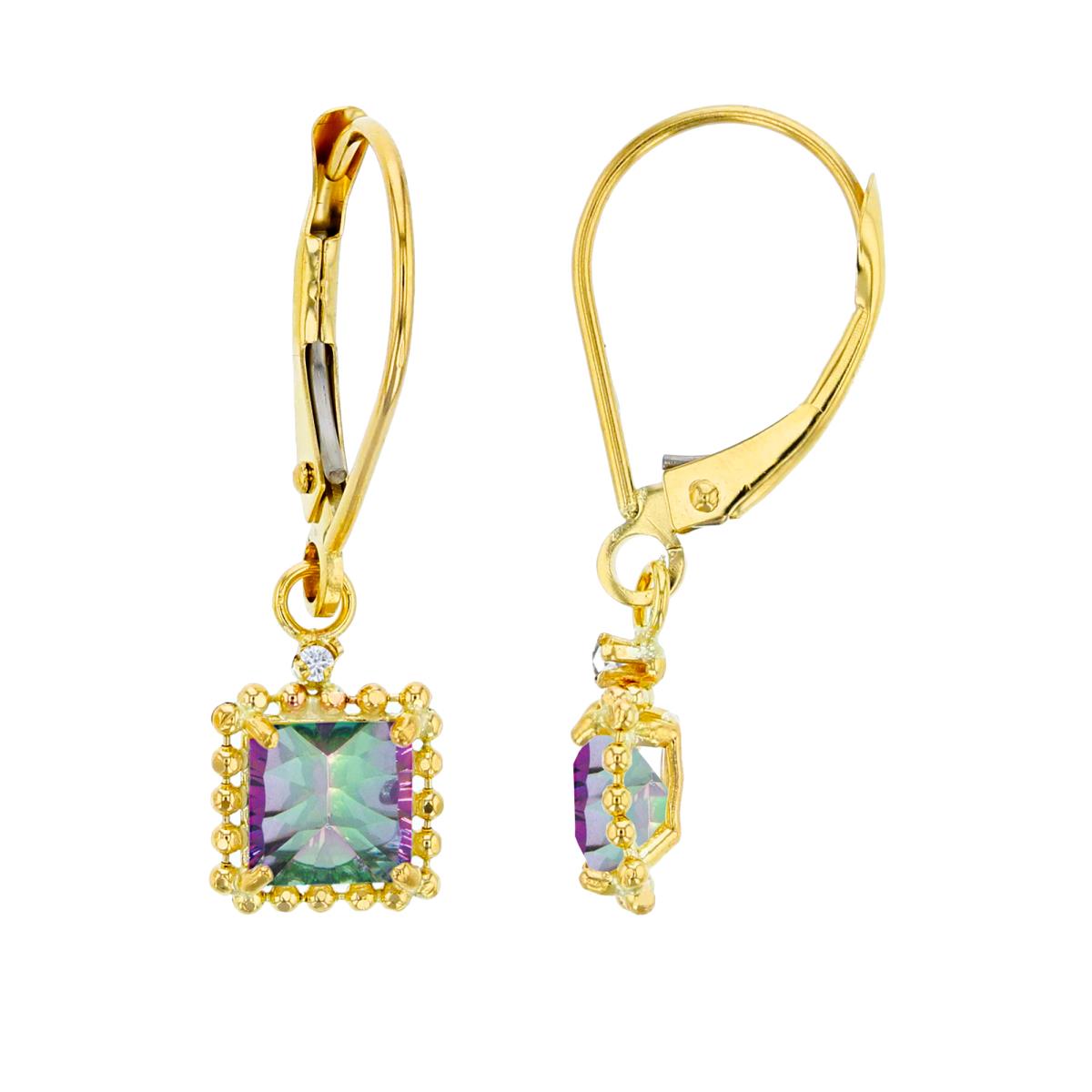 14K Yellow Gold 1.25mm Rd Created White Sapphire & 5mm Sq Mystic Green Topaz Bead Frame Drop Lever-Back Earring