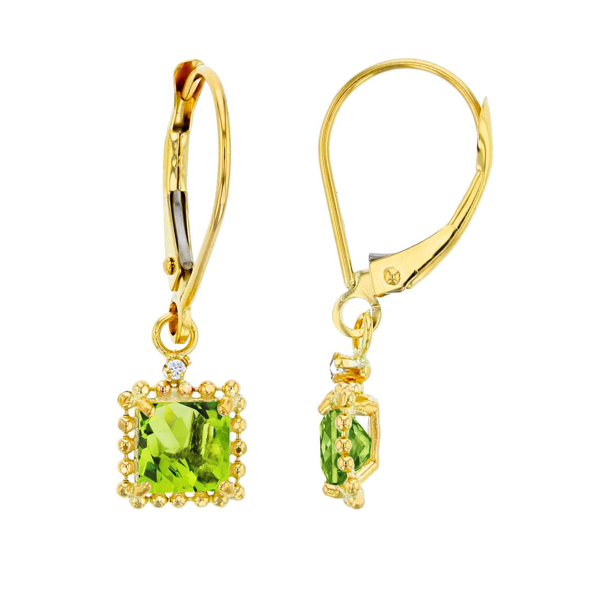 14K Yellow Gold 1.25mm Rd Created White Sapphire & 5mm Sq Peridot Bead Frame Drop Lever-Back Earring