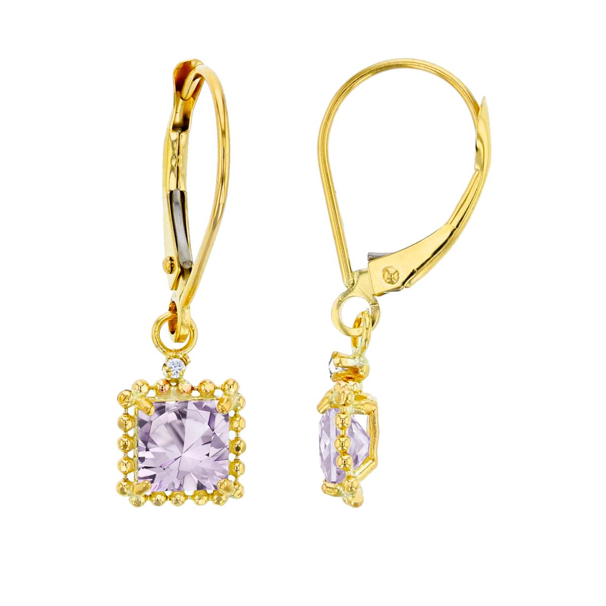 14K Yellow Gold 1.25mm Rd Created White Sapphire & 5mm Sq Rose De France Bead Frame Drop Lever-Back Earring