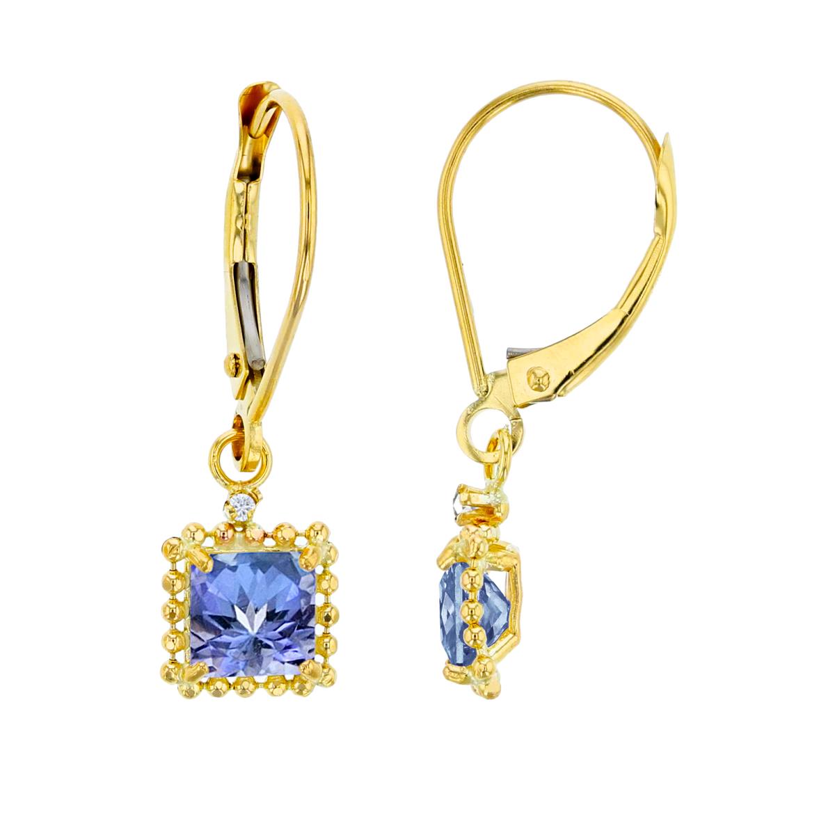 14K Yellow Gold 1.25mm Rd Created White Sapphire & 5mm Sq Tanzanite Bead Frame Drop Lever-Back Earring