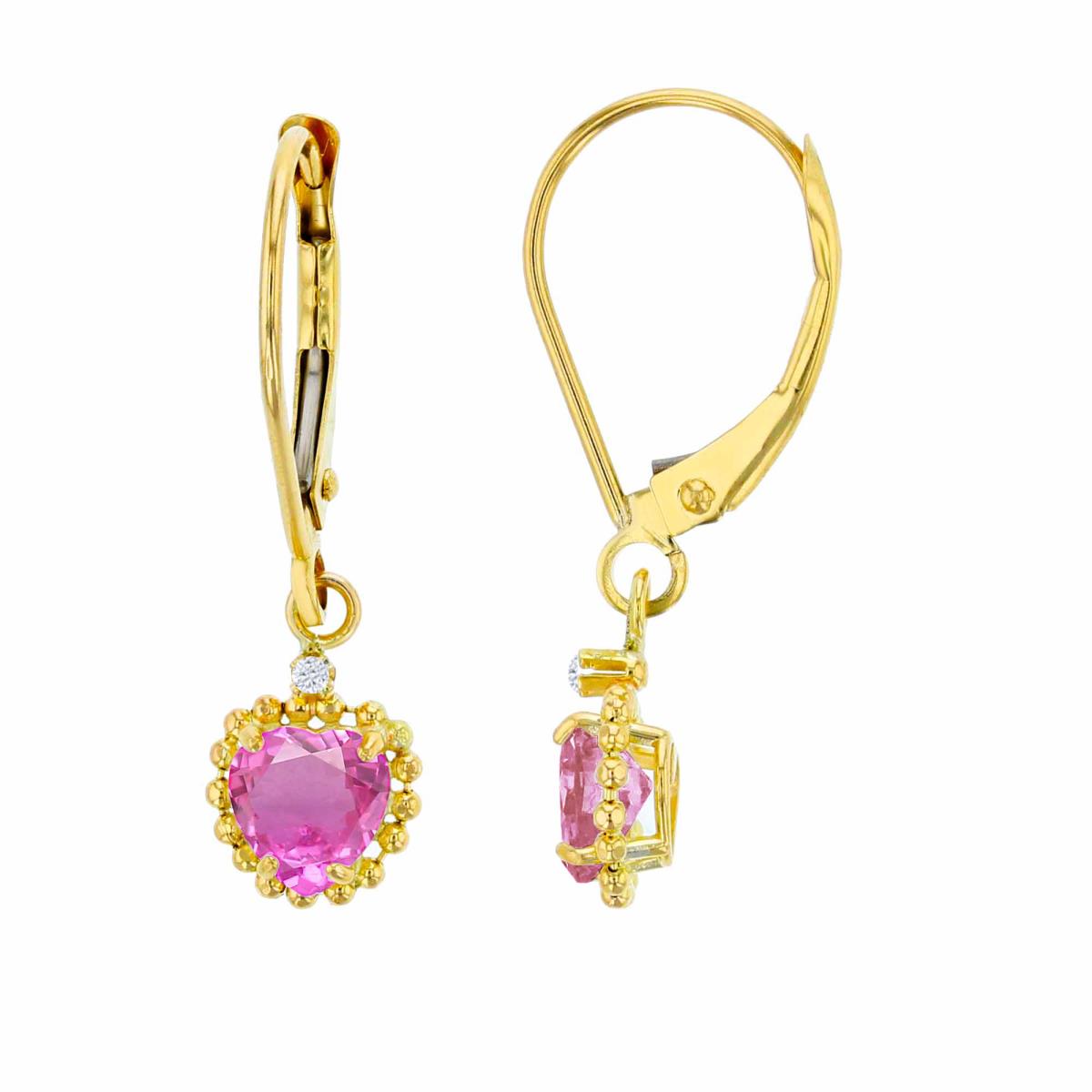 14K Yellow Gold 1.25mm Rd White Topaz & 5mm Hrt Created Pink Sapphire Bead Frame Drop Lever-Back Earring