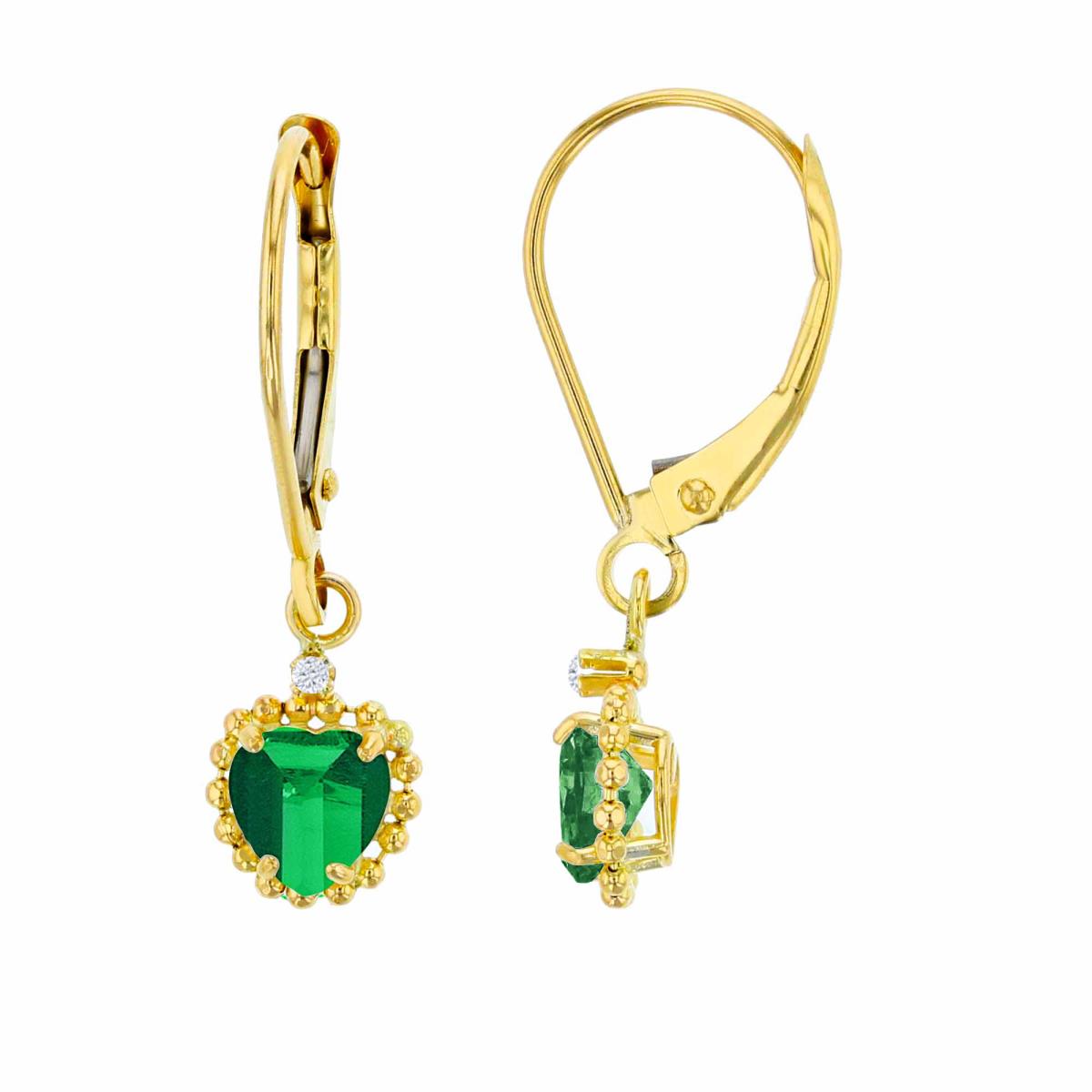 14K Yellow Gold 1.25mm Rd White Topaz & 5mm Hrt Created Emerald Bead Frame Drop Lever-Back Earring