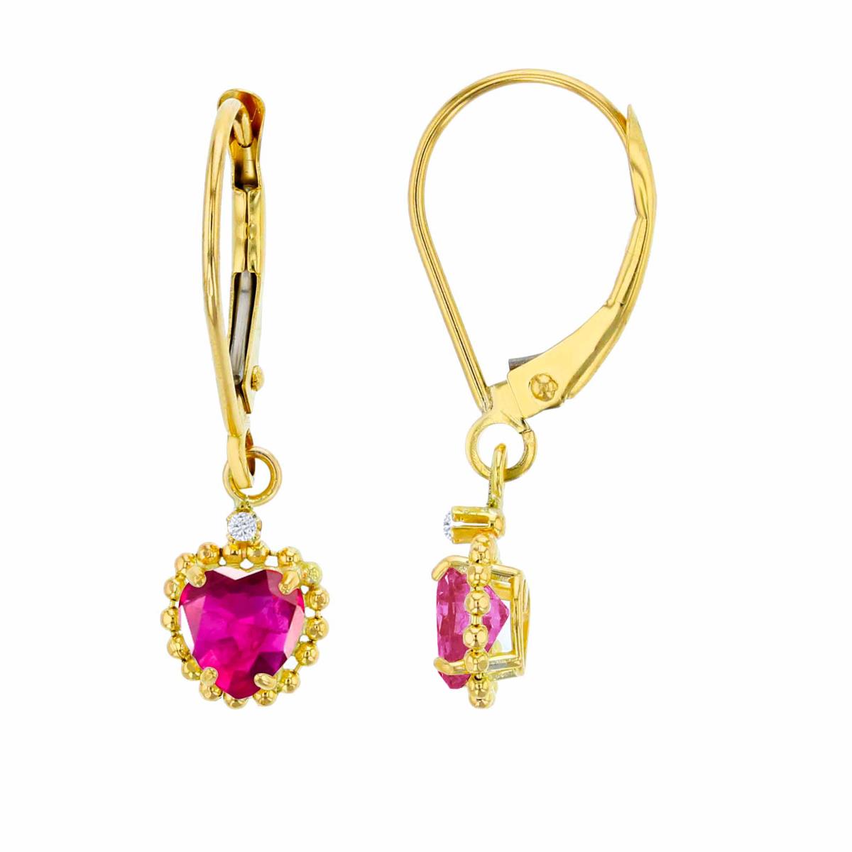 14K Yellow Gold 1.25mm Rd White Topaz & 5mm Hrt Created Ruby Bead Frame Drop Lever-Back Earring