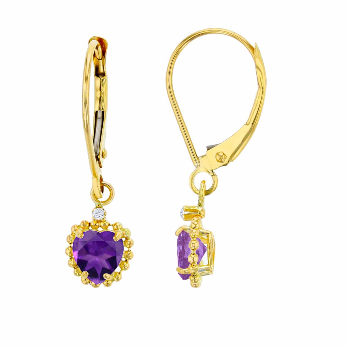 14K Yellow Gold 1.25mm Rd Created White Sapphire & 5mm Hrt Amethyst Bead Frame Drop Lever-Back Earring