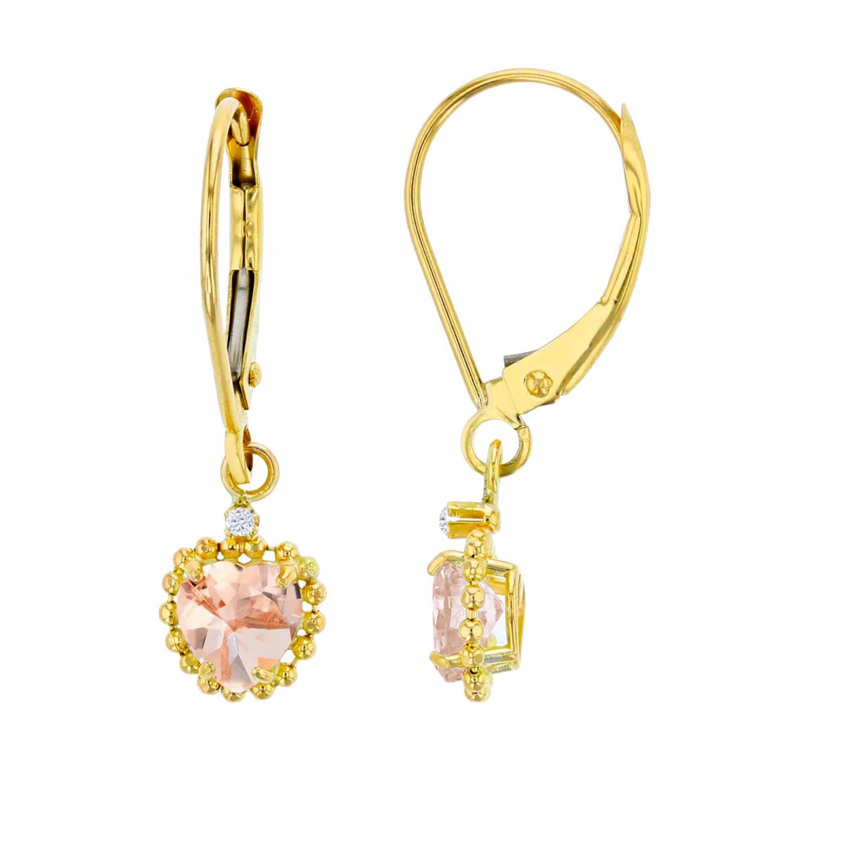 14K Yellow Gold 1.25mm Rd Created White Sapphire & 5mm Hrt Morganite Bead Frame Drop Lever-Back Earring