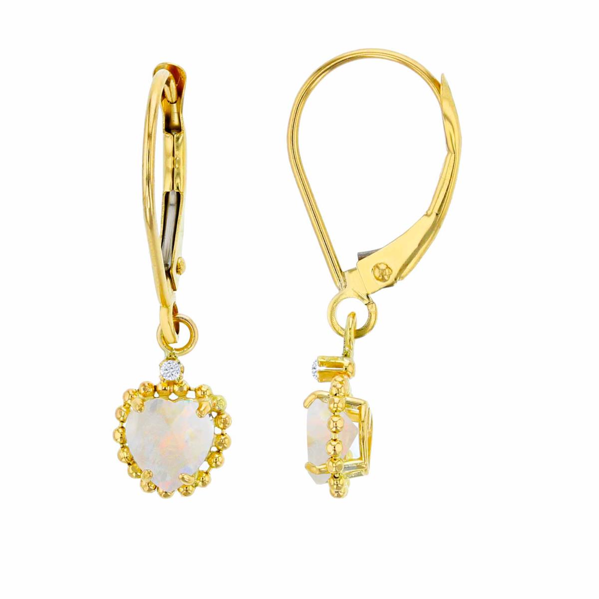 14K Yellow Gold 1.25mm Rd Created White Sapphire & 5mm Hrt Created Opal Bead Frame Drop Lever-Back Earring