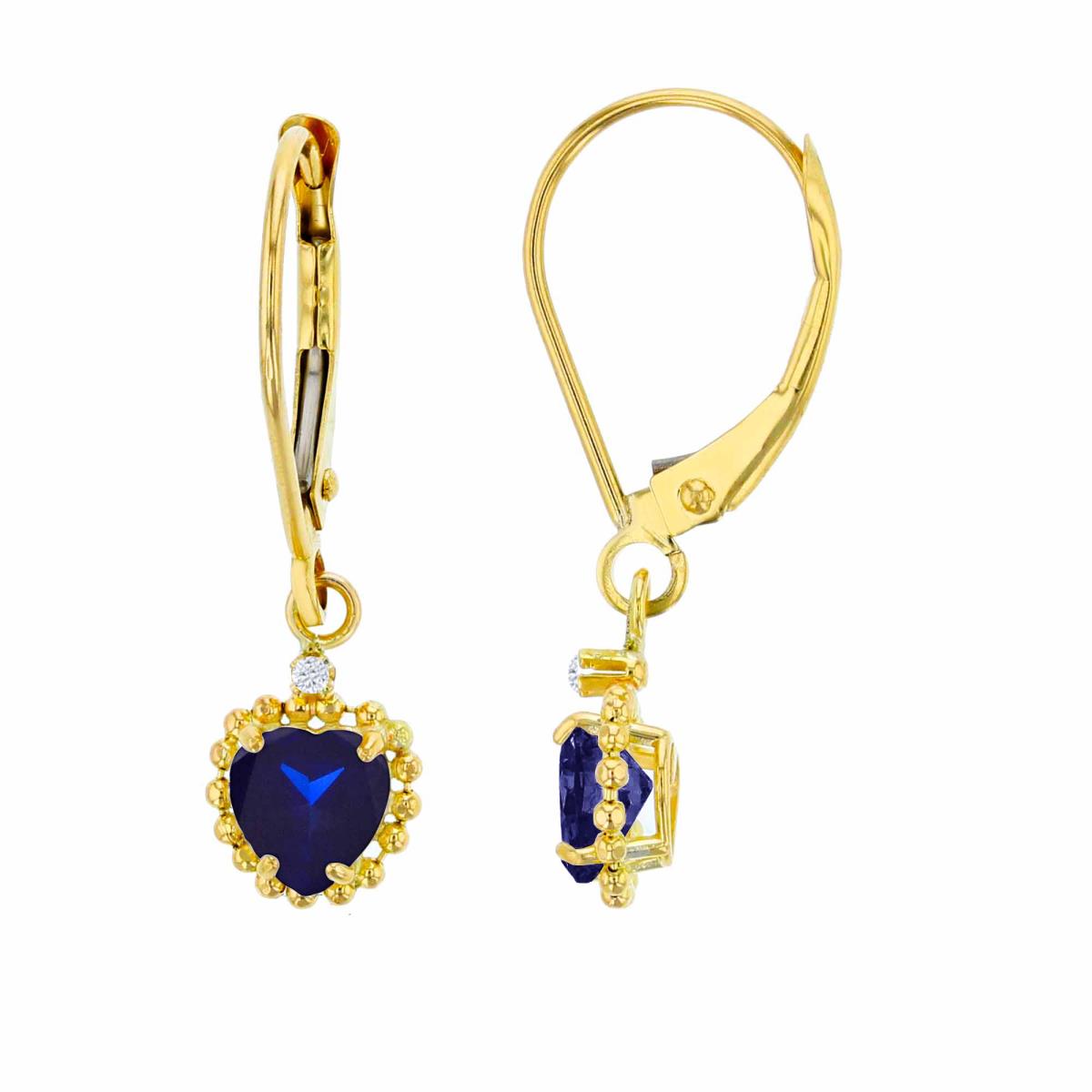 14K Yellow Gold 1.25mm Rd Created White Sapphire & 5mm Hrt Created Blue Sapphire Bead Frame Drop Lever-Back Earring