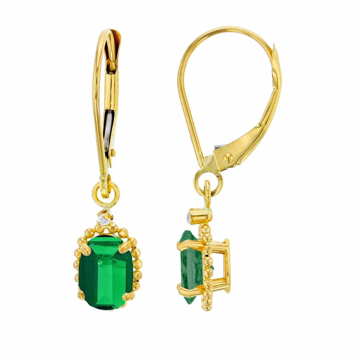14K Yellow Gold 1.25mm Rd White Topaz & 6x4mm Ov Created Emerald Bead Frame Drop Lever-Back Earring