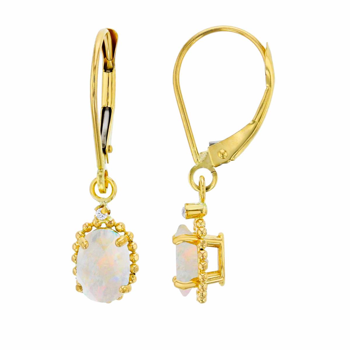 14K Yellow Gold 1.25mm Rd White Topaz & 6x4mm Ov Created Opal Bead Frame Drop Lever-Back Earring
