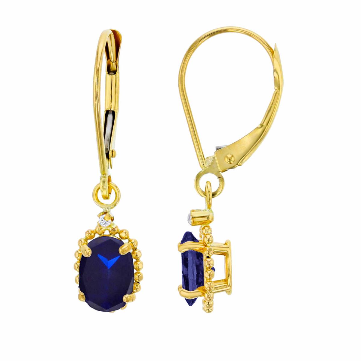14K Yellow Gold 1.25mm Rd White Topaz & 6x4mm Ov Created Blue Sapphire Bead Frame Drop Lever-Back Earring