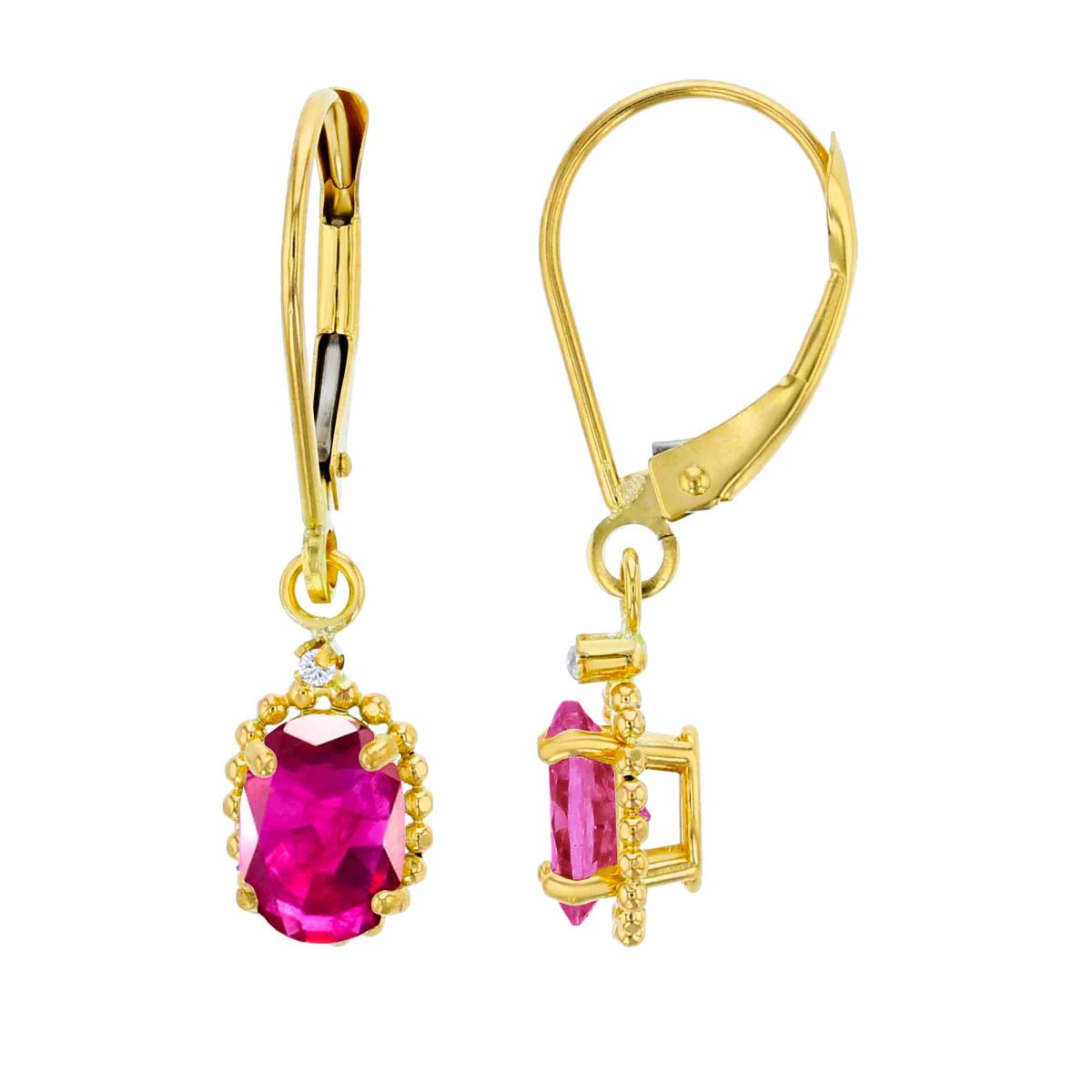 10K Yellow Gold 1.25mm Rd White Topaz & 6x4mm Ov Glass Filled Ruby Bead Frame Drop Lever-Back Earring