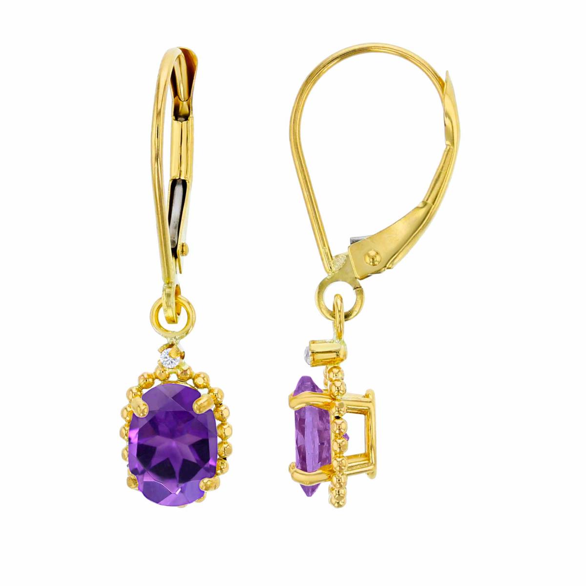 14K Yellow Gold 1.25mm Rd Created White Sapphire & 6x4mm Ov Amethyst Bead Frame Drop Lever-Back Earring