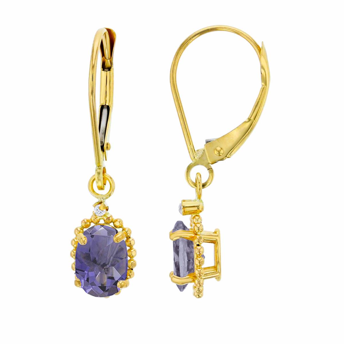 14K Yellow Gold 1.25mm Rd Created White Sapphire & 6x4mm Ov Iolite Bead Frame Drop Lever-Back Earring