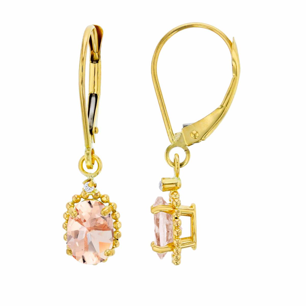 14K Yellow Gold 1.25mm Rd Created White Sapphire & 6x4mm Ov Morganite Bead Frame Drop Lever-Back Earring