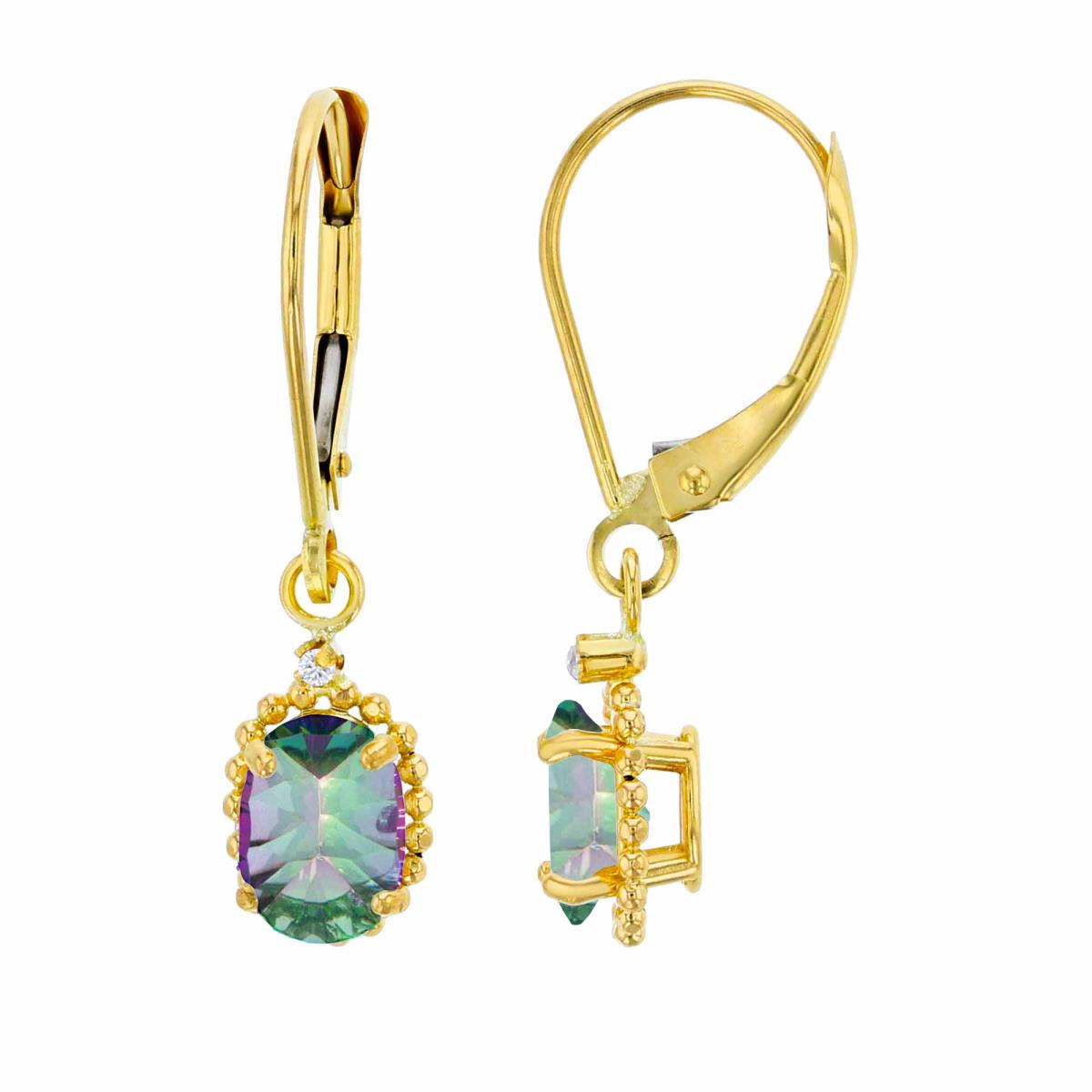 14K Yellow Gold 1.25mm Rd Created White Sapphire & 6x4mm Ov Mystic Green Topaz Bead Frame Drop Lever-Back Earring