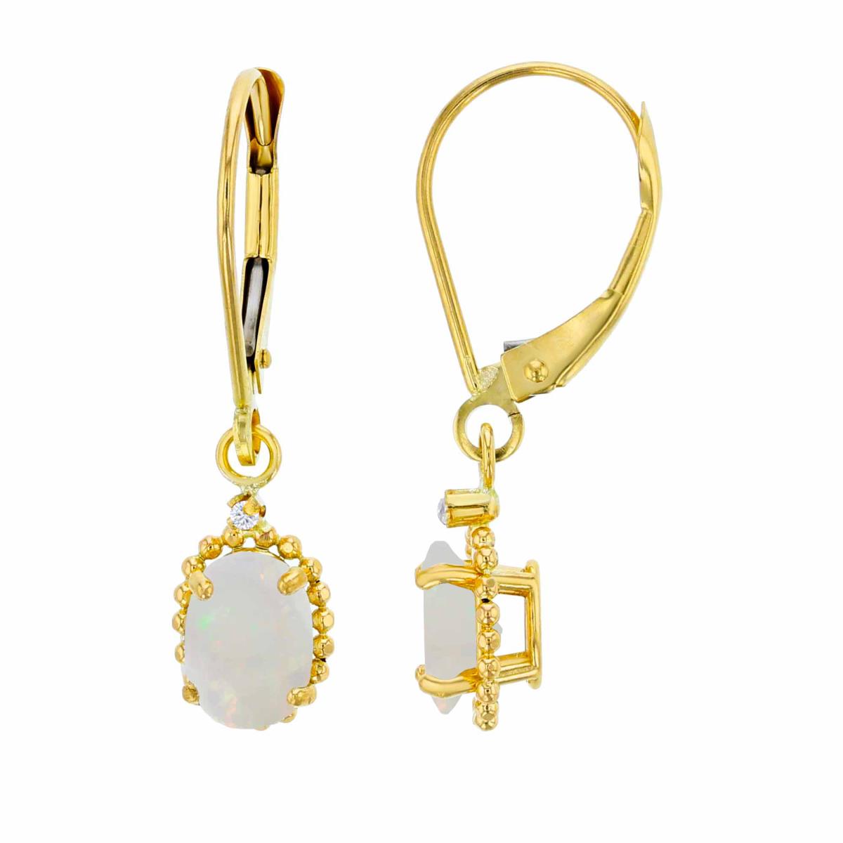 14K Yellow Gold 1.25mm Rd Created White Sapphire & 6x4mm Ov Opal Bead Frame Drop Lever-Back Earring