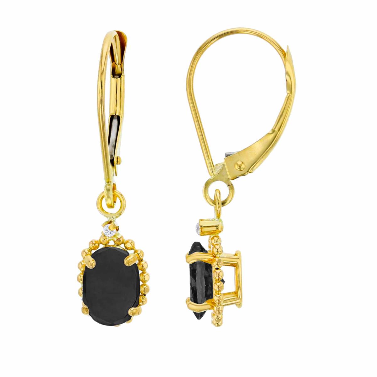 14K Yellow Gold 1.25mm Rd Created White Sapphire & 6x4mm Ov Onyx Bead Frame Drop Lever-Back Earring