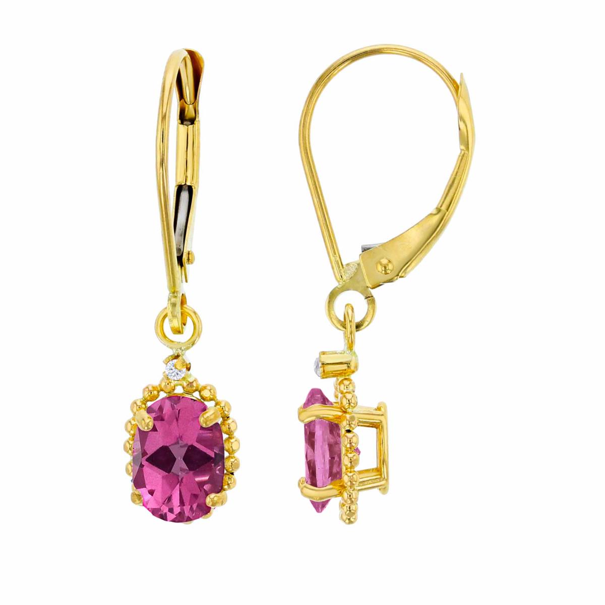 14K Yellow Gold 1.25mm Rd Created White Sapphire & 6x4mm Ov Pure Pink Bead Frame Drop Lever-Back Earring