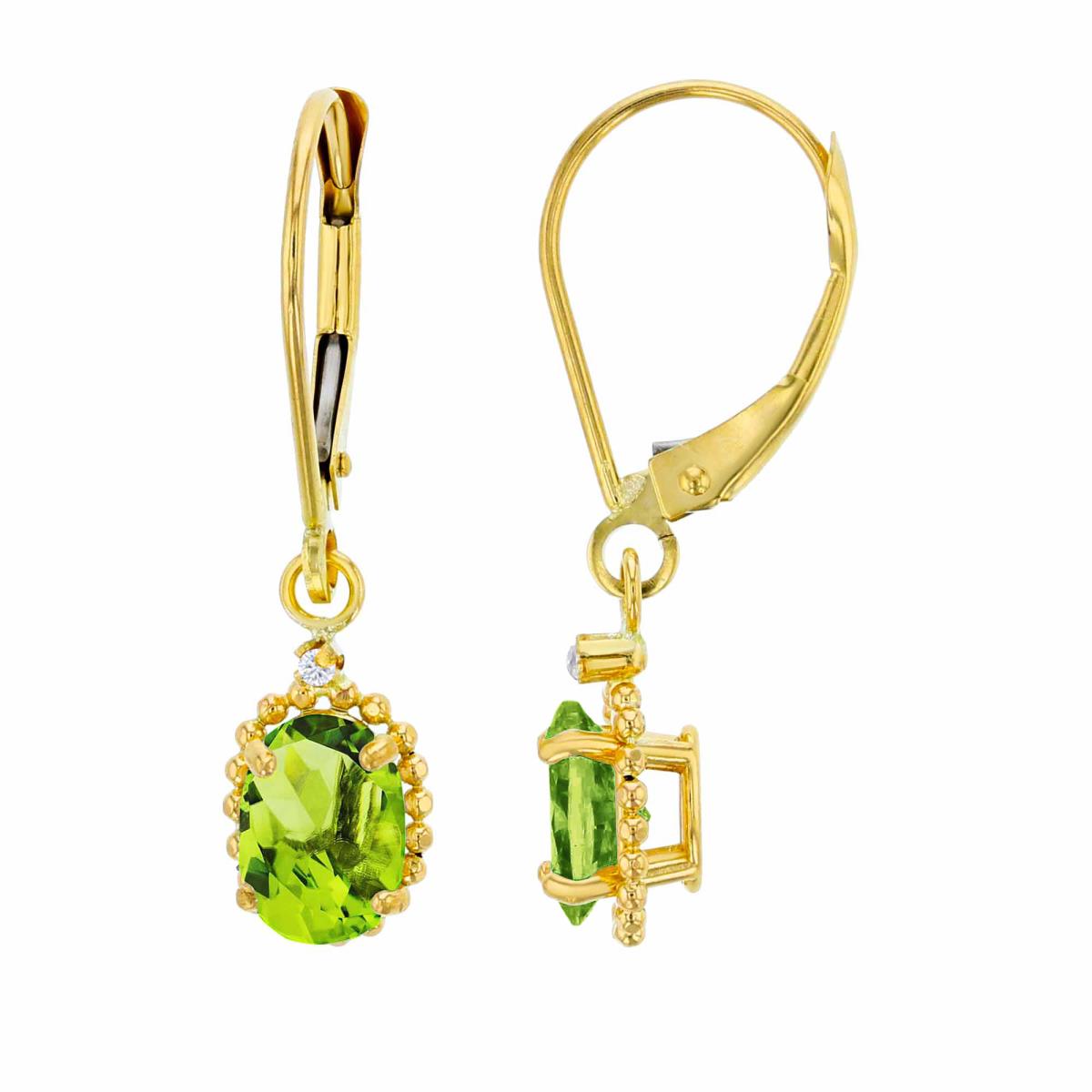 14K Yellow Gold 1.25mm Rd Created White Sapphire & 6x4mm Ov Peridot Bead Frame Drop Lever-Back Earring