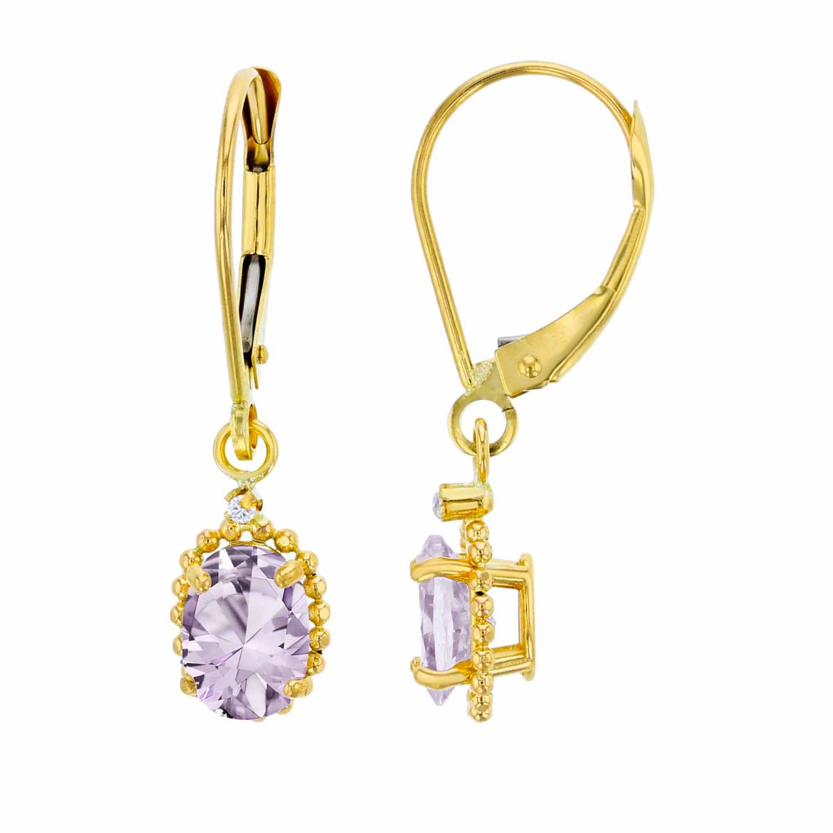 14K Yellow Gold 1.25mm Rd Created White Sapphire & 6x4mm Ov Rose De France Bead Frame Drop Lever-Back Earring