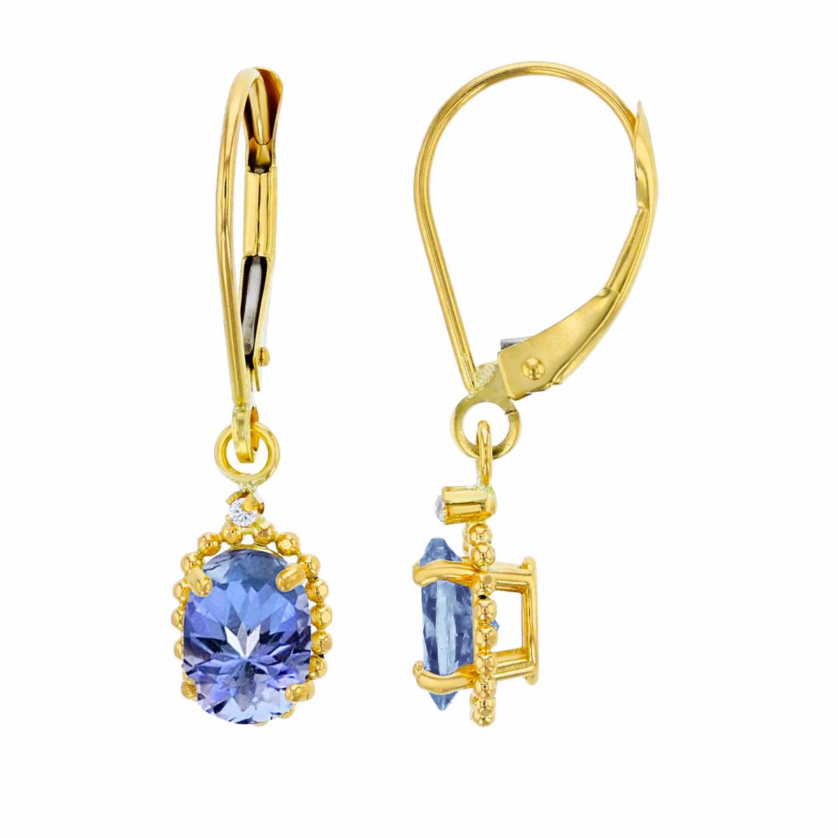 14K Yellow Gold 1.25mm Rd Created White Sapphire & 6x4mm Ov Tanzanite Bead Frame Drop Lever-Back Earring