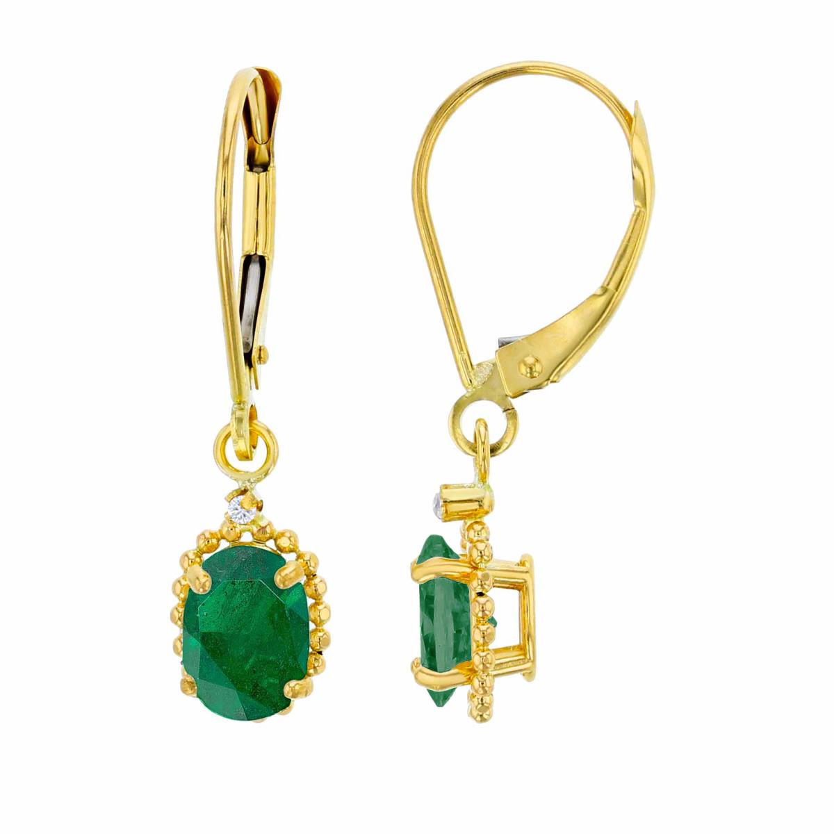 14K Yellow Gold 1.25mm Rd Created White Sapphire & 6x4mm Ov Emerald Bead Frame Drop Lever-Back Earring