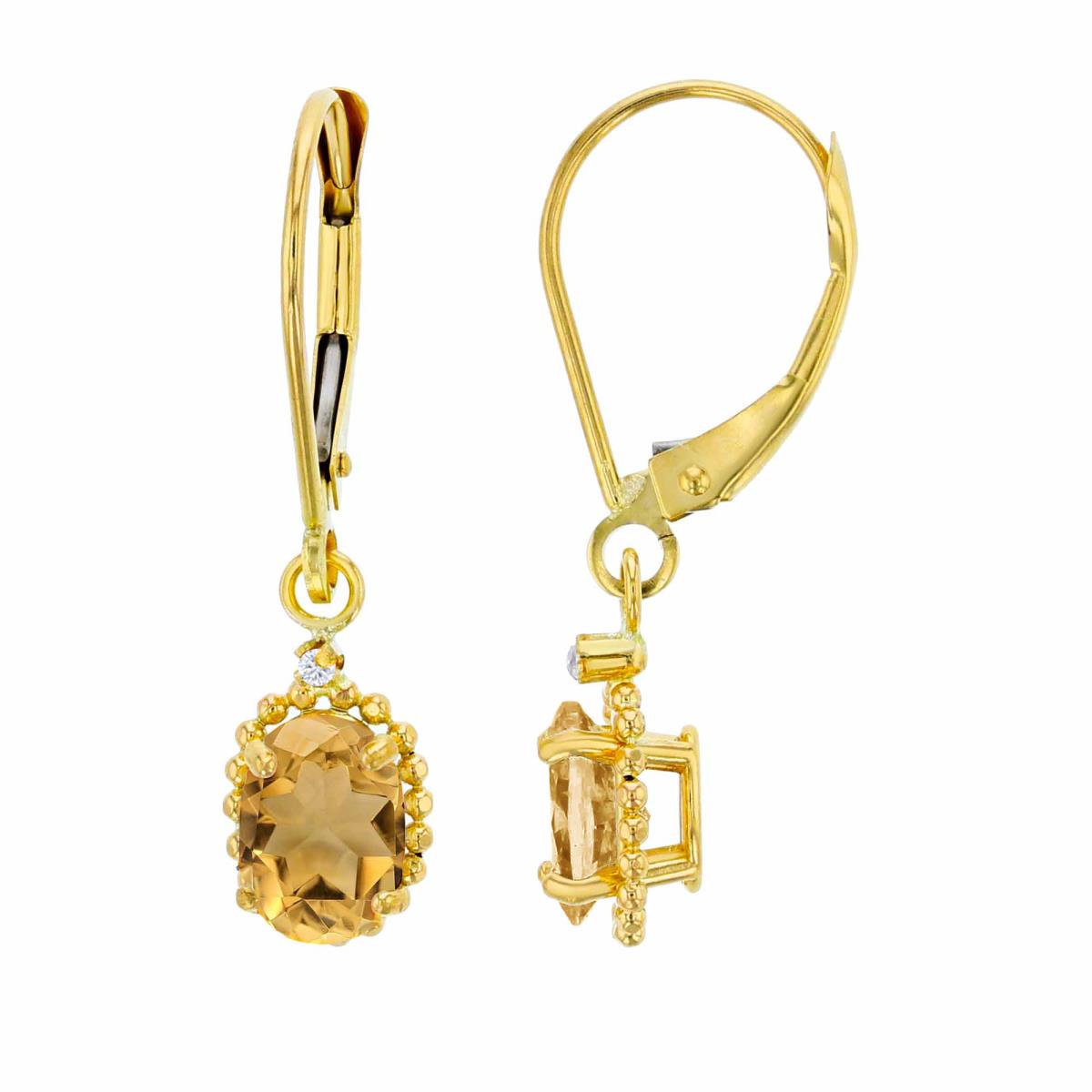 10K Yellow Gold 1.25mm Rd Created White Sapphire & 6x4mm Ov Citrine Bead Frame Drop Lever-Back Earring