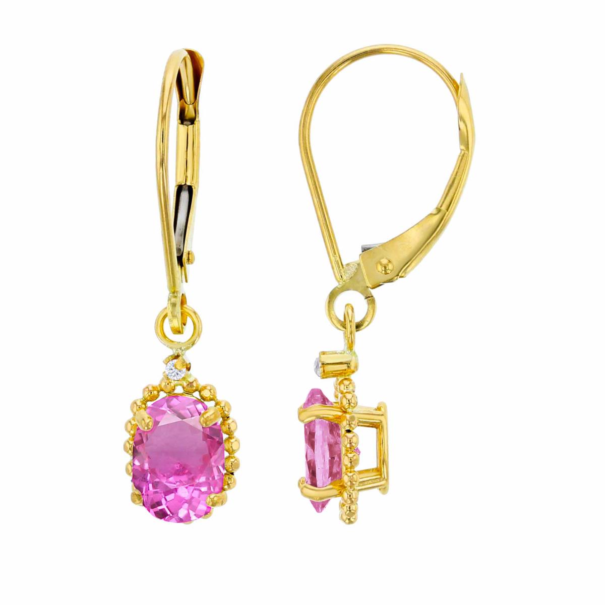10K Yellow Gold 1.25mm Rd Created White Sapphire & 6x4mm Ov Created Pink Sapphire Bead Frame Drop Lever-Back Earring