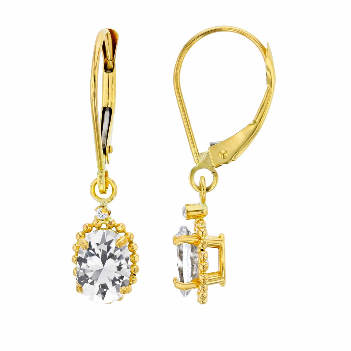 10K Yellow Gold 1.25mm Rd & 6x4mm Ov Created White Sapphire Bead Frame Drop Lever-Back Earring
