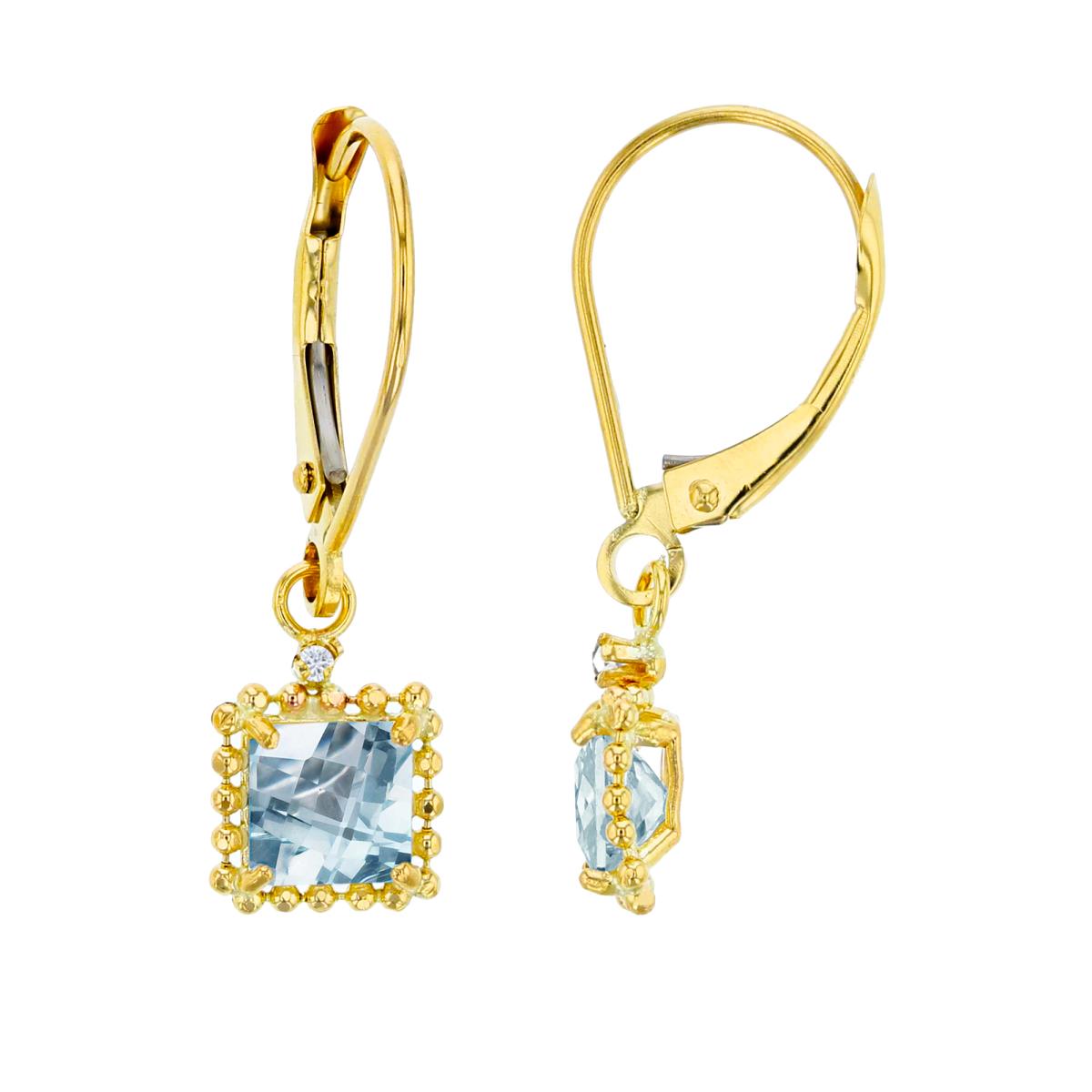 10K Yellow Gold 1.25mm Rd Created White Sapphire & 5mm Sq Aquamarine Bead Frame Drop Lever-Back Earring