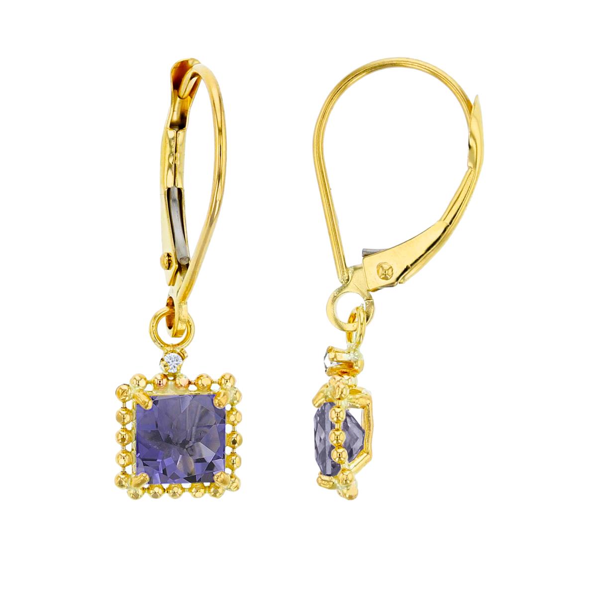 10K Yellow Gold 1.25mm Rd Created White Sapphire & 5mm Sq Iolite Bead Frame Drop Lever-Back Earring