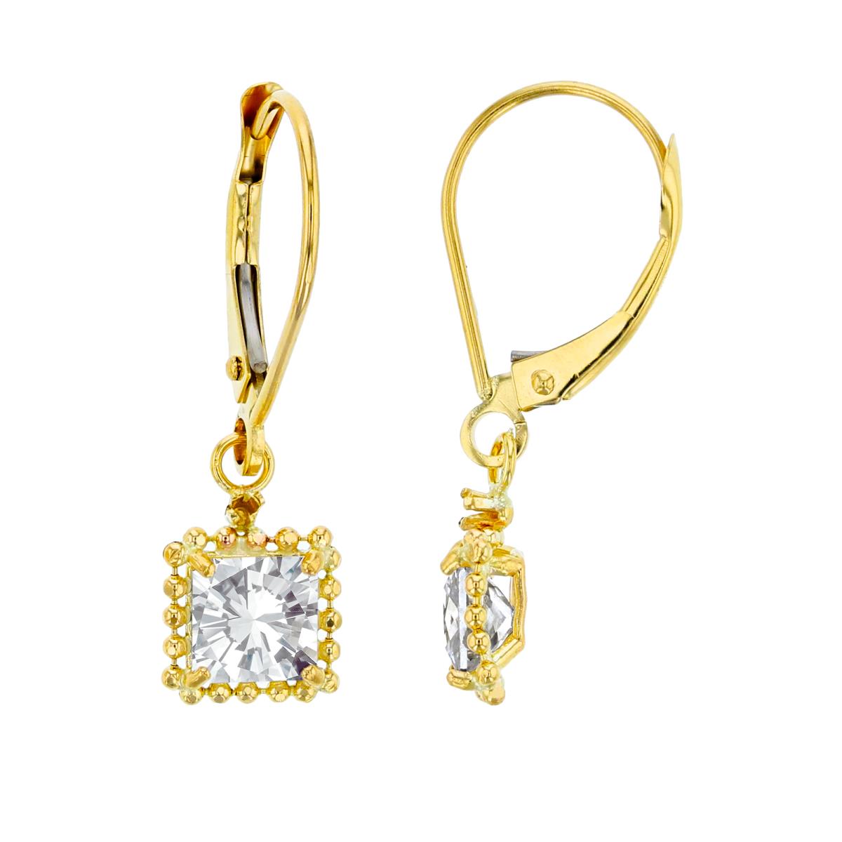 10K Yellow Gold 1.25mm Rd Created White Sapphire & 5mm Sq White Topaz Bead Frame Drop Lever-Back Earring